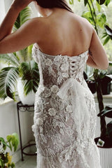Long Mermaid Wedding Dress Strapless Lace Sequined Bridal Gown With Train