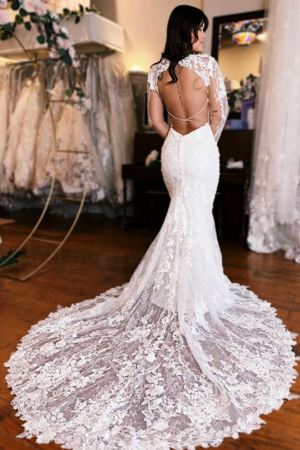 Long Mermaid Wedding Dress V Neck Backless Lace Bridal Gown With Long Sleeves