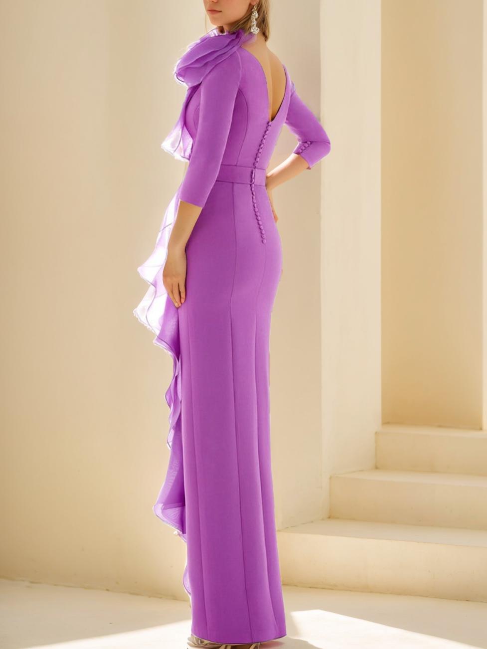 Long Mother of the Bride Dress with Ruffles 3/4 Sleeves and Floor-Length Sheath/Column Jewel Neck