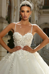 Long Princess Wedding Dress A Line Ivory Spaghetti Straps Tulle Lace Bridal Gown With Glitter