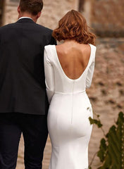 Long Sleeve Beach Wedding Dress Square Neck Satin Bridal Gown