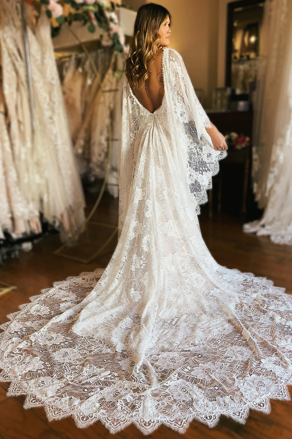 Long Sleeve Cape Lace Mermaid Beach Wedding Dress with Appliques