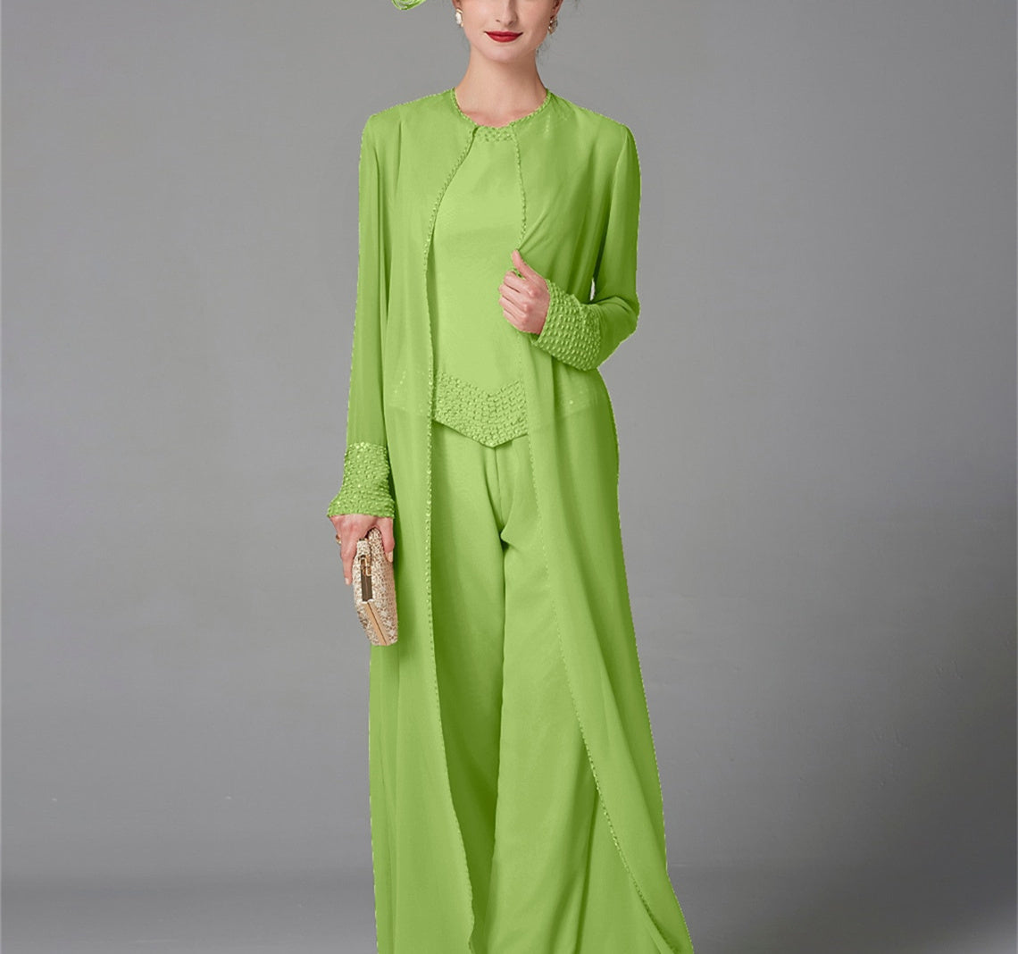 Long-Sleeve Chiffon Mother of the Bride Pantsuit with Jacket and Sequins