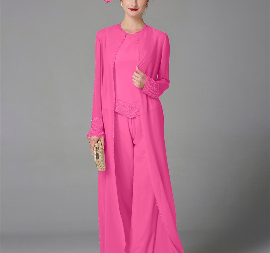 Long-Sleeve Chiffon Mother of the Bride Pantsuit with Jacket and Sequins