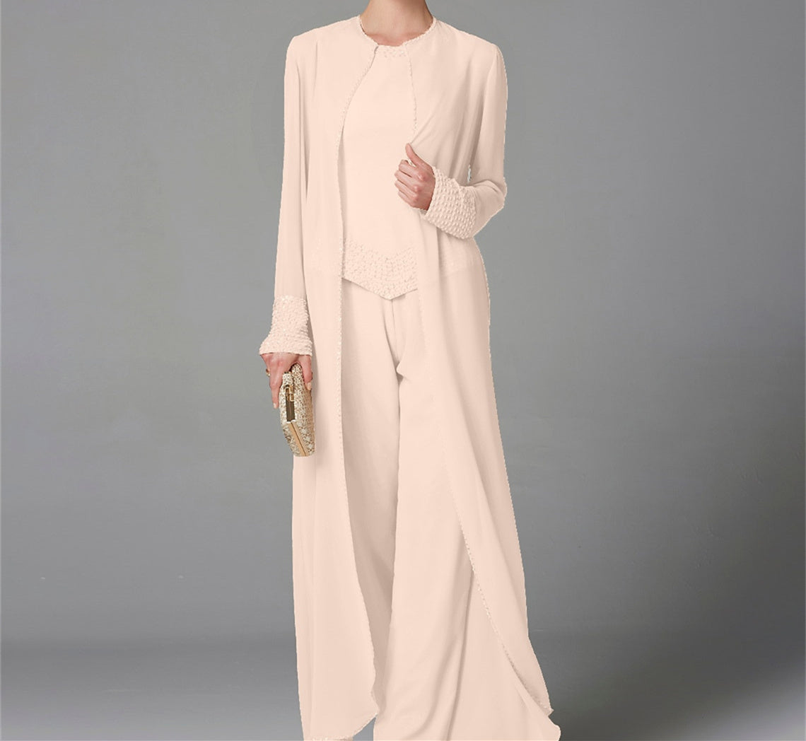 Long-Sleeve Chiffon Mother of the Bride Pantsuit with Jacket and Sequins