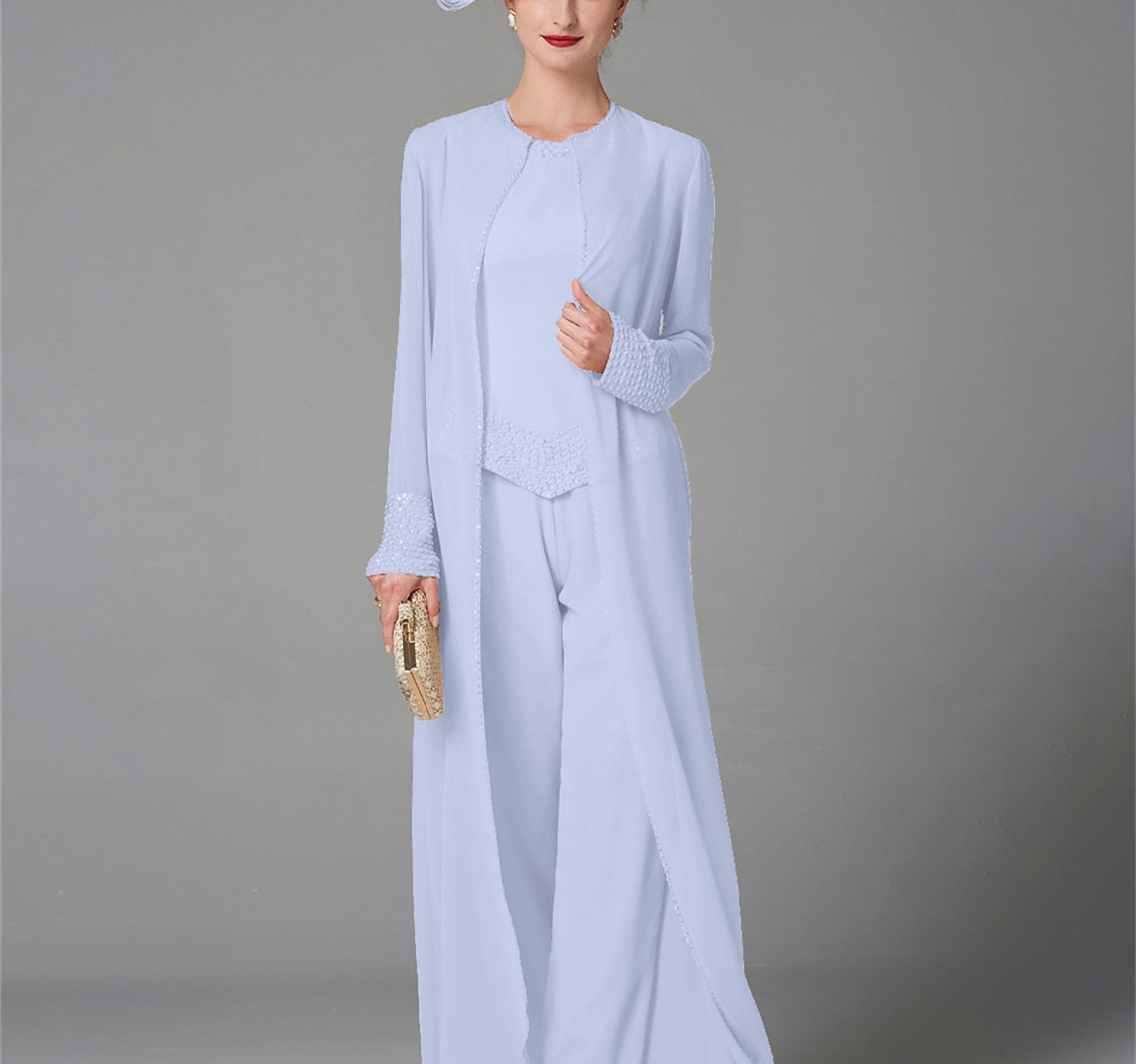 Long-Sleeve Chiffon Mother of the Bride Pantsuit with Jacket and Sequins
