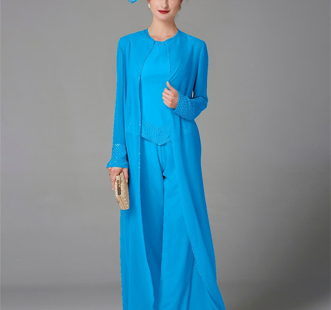 Long-Sleeve Chiffon Mother of the Bride Pantsuit with Jacket and Sequins
