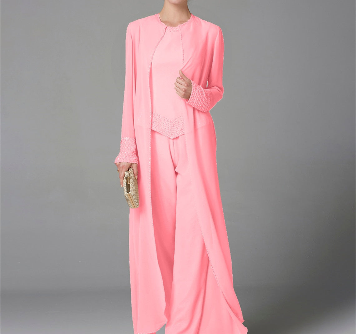 Long-Sleeve Chiffon Mother of the Bride Pantsuit with Jacket and Sequins