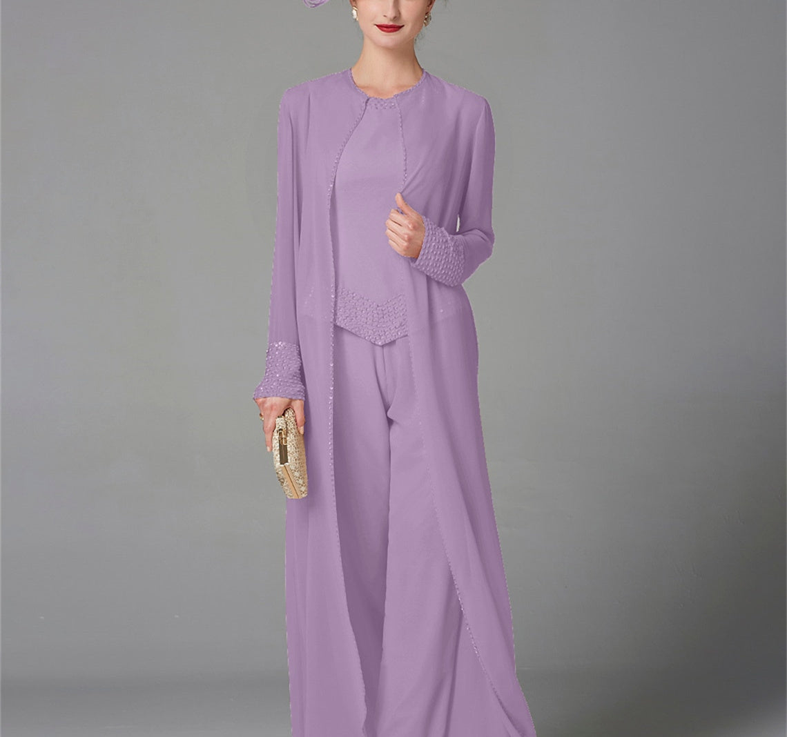 Long-Sleeve Chiffon Mother of the Bride Pantsuit with Jacket and Sequins