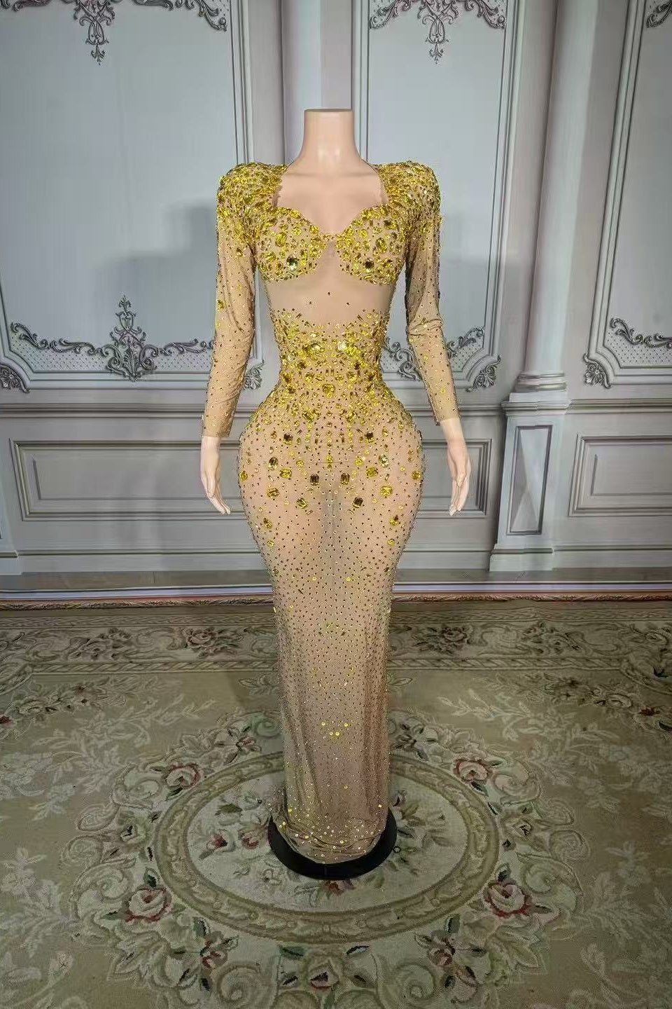 Long Sleeve Formal Evening Dress Mermaid Floor Length beaded Party Dress