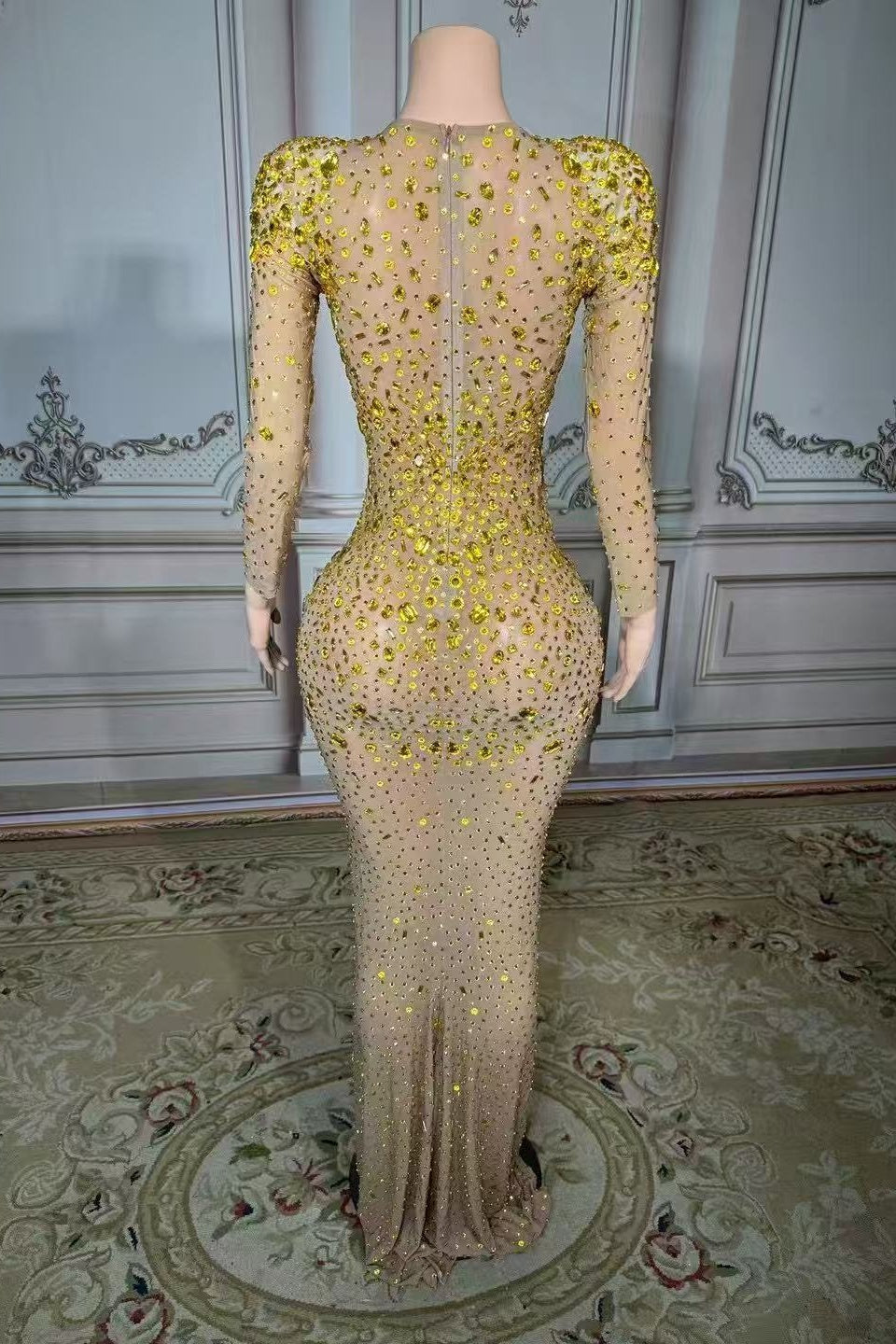 Long Sleeve Formal Evening Dress Mermaid Floor Length beaded Party Dress