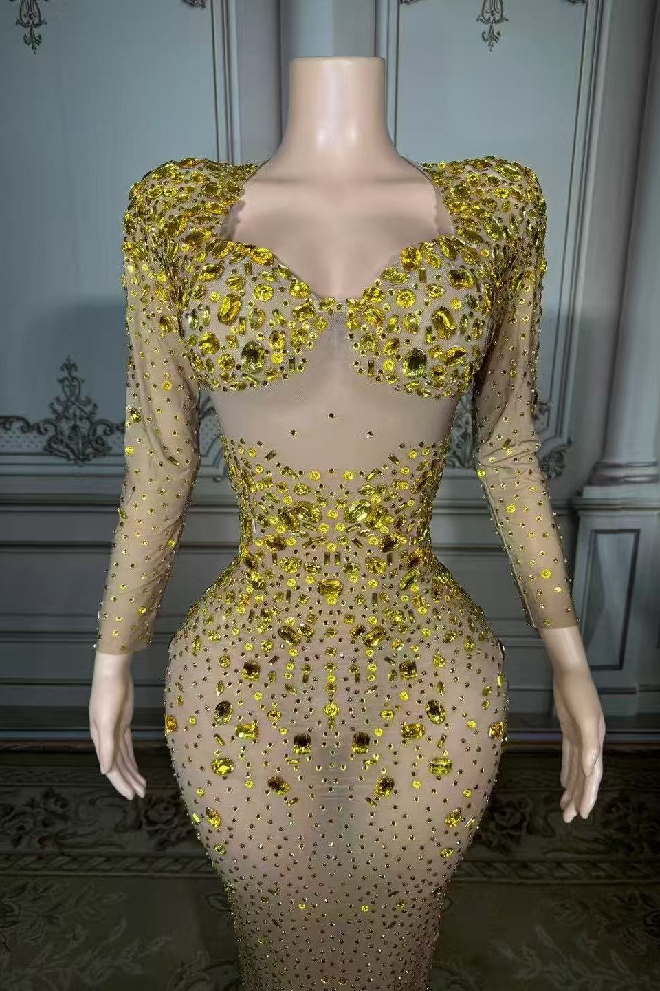 Long Sleeve Formal Evening Dress Mermaid Floor Length beaded Party Dress