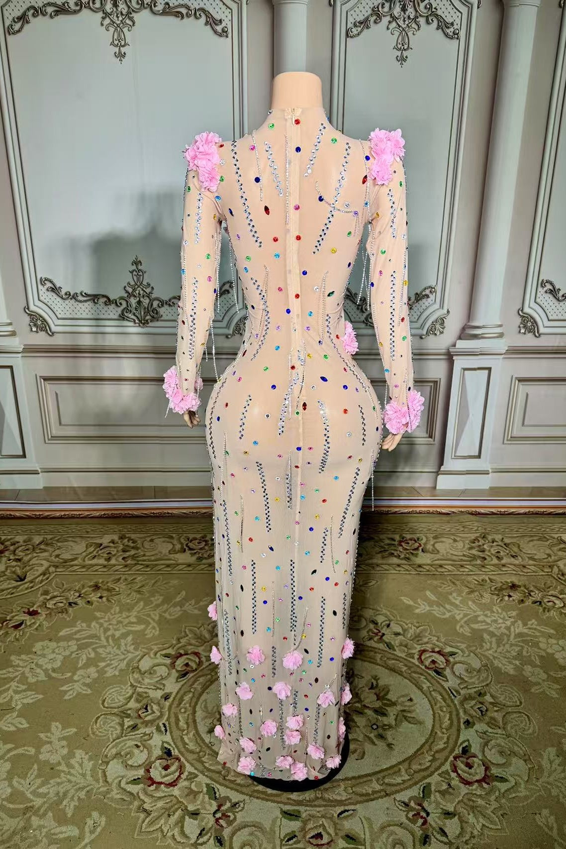 Long Sleeve High Neck Formal Dress Long Evening Party Dress with 3D Flowers