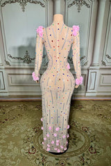 Long Sleeve High Neck Formal Dress Long Evening Party Dress with 3D Flowers