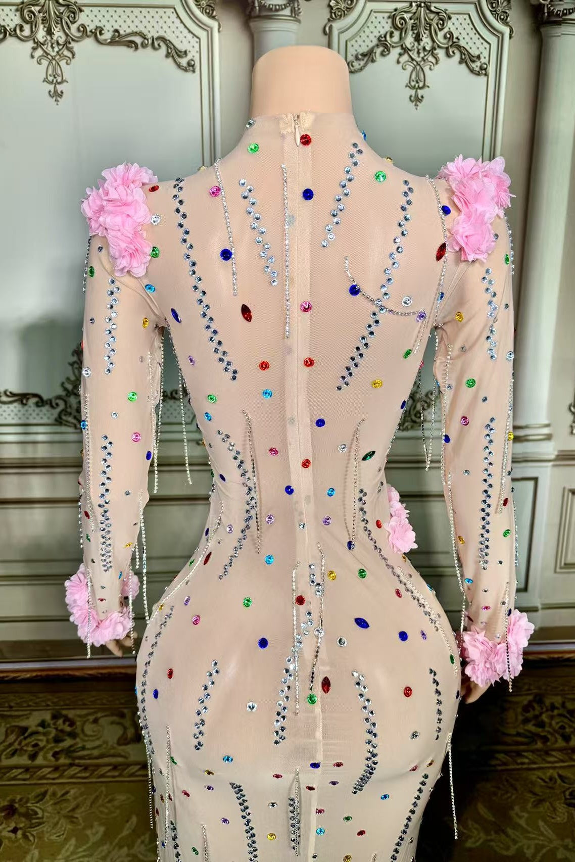 Long Sleeve High Neck Formal Dress Long Evening Party Dress with 3D Flowers