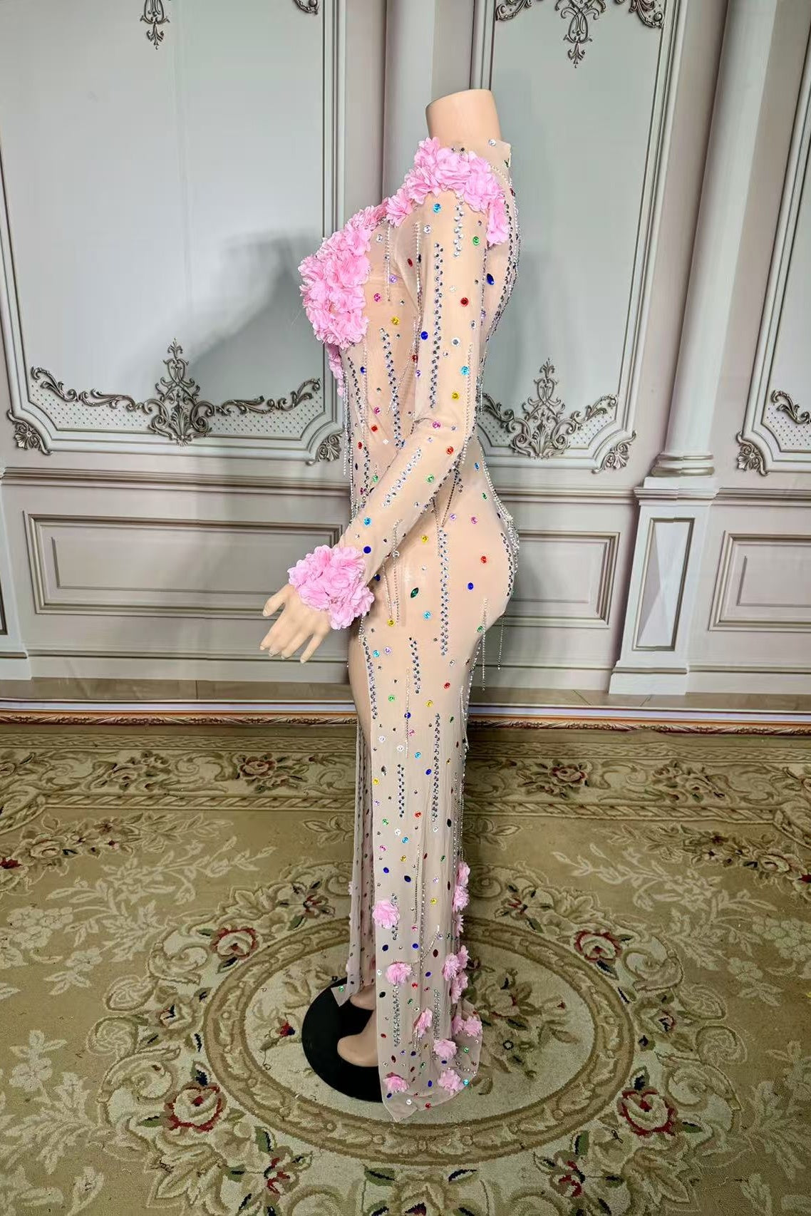 Long Sleeve High Neck Formal Dress Long Evening Party Dress with 3D Flowers