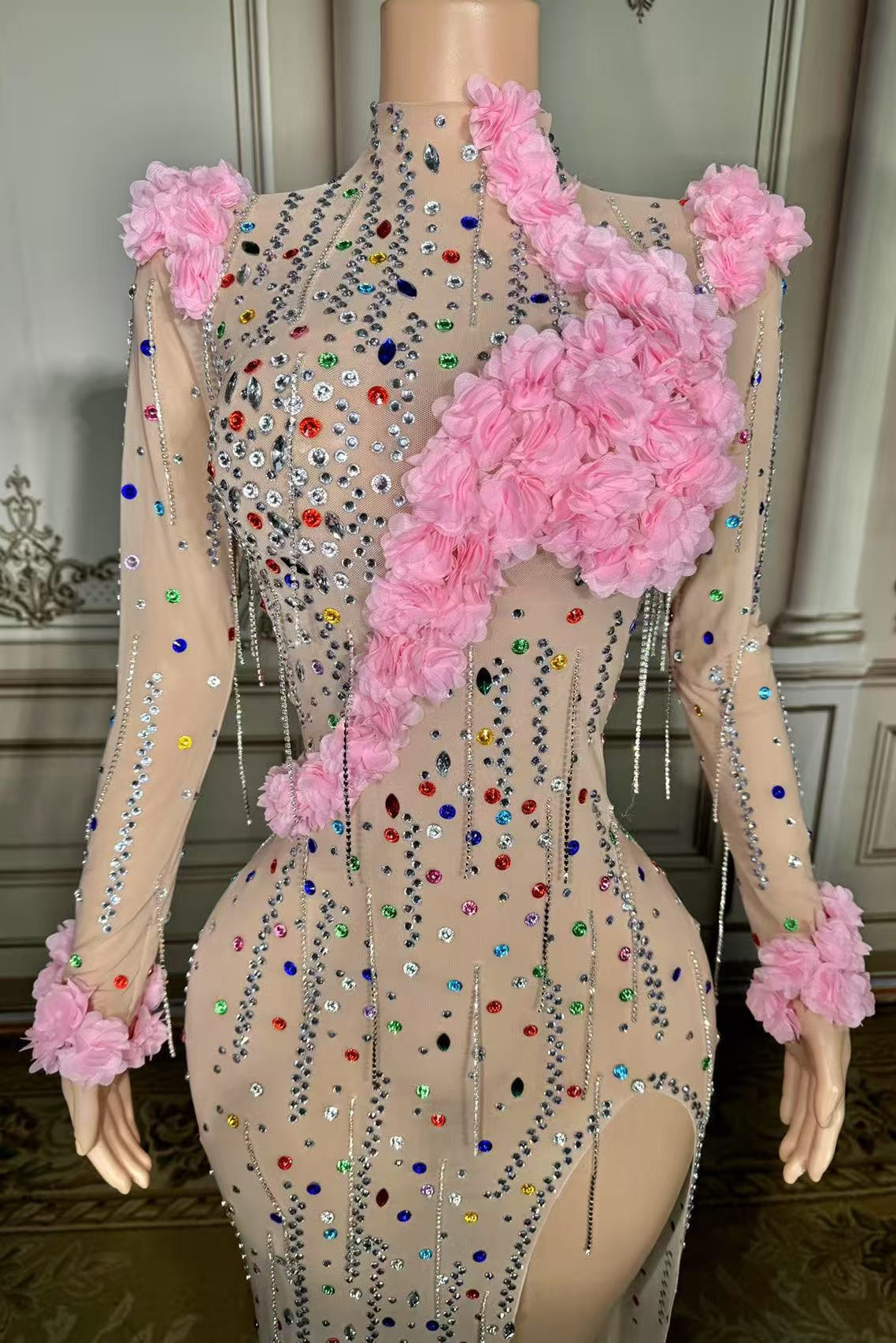 Long Sleeve High Neck Formal Dress Long Evening Party Dress with 3D Flowers