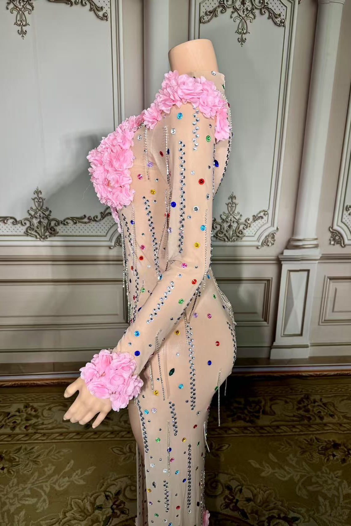 Long Sleeve High Neck Formal Dress Long Evening Party Dress with 3D Flowers