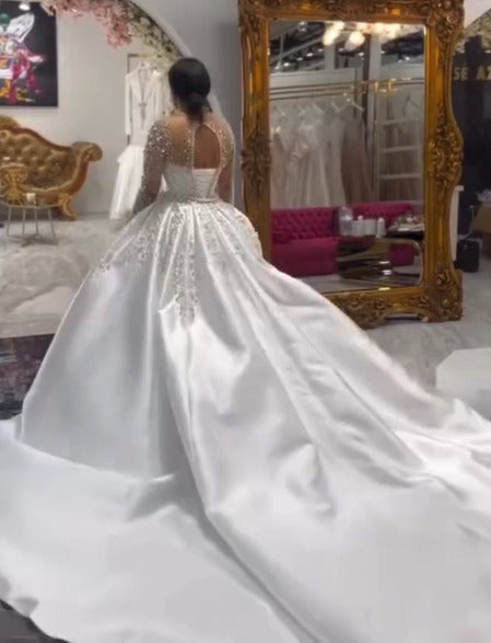 Long Sleeve Mermaid Wedding Dress Beaded Satin Stunning Bridal Gown with Detachable Train