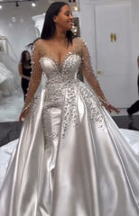 Long Sleeve Mermaid Wedding Dress Beaded Satin Stunning Bridal Gown with Detachable Train