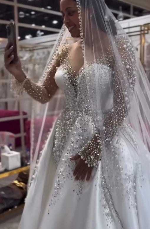 Long Sleeve Mermaid Wedding Dress Beaded Satin Stunning Bridal Gown with Detachable Train