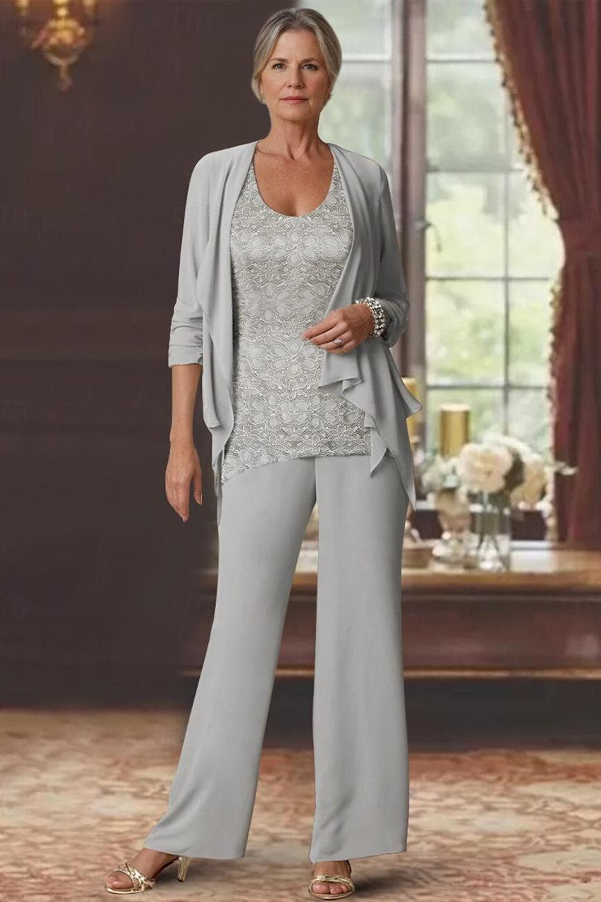 Long Sleeve Scoop Neck Ankle-Length Jumpsuits with Lace for the Mother of the Bride