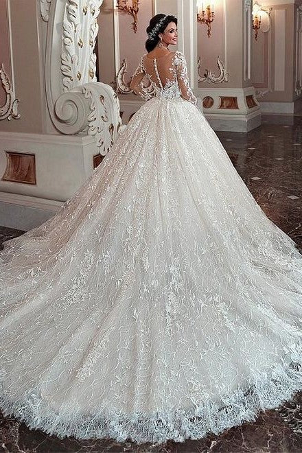Long Sleeve Wedding Dress Ball Gown Bridal Dress with Lace Appliques