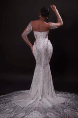 Long Sleeve Wedding Dress Beaded Rhinestones Bridal Gown with Detachable Train