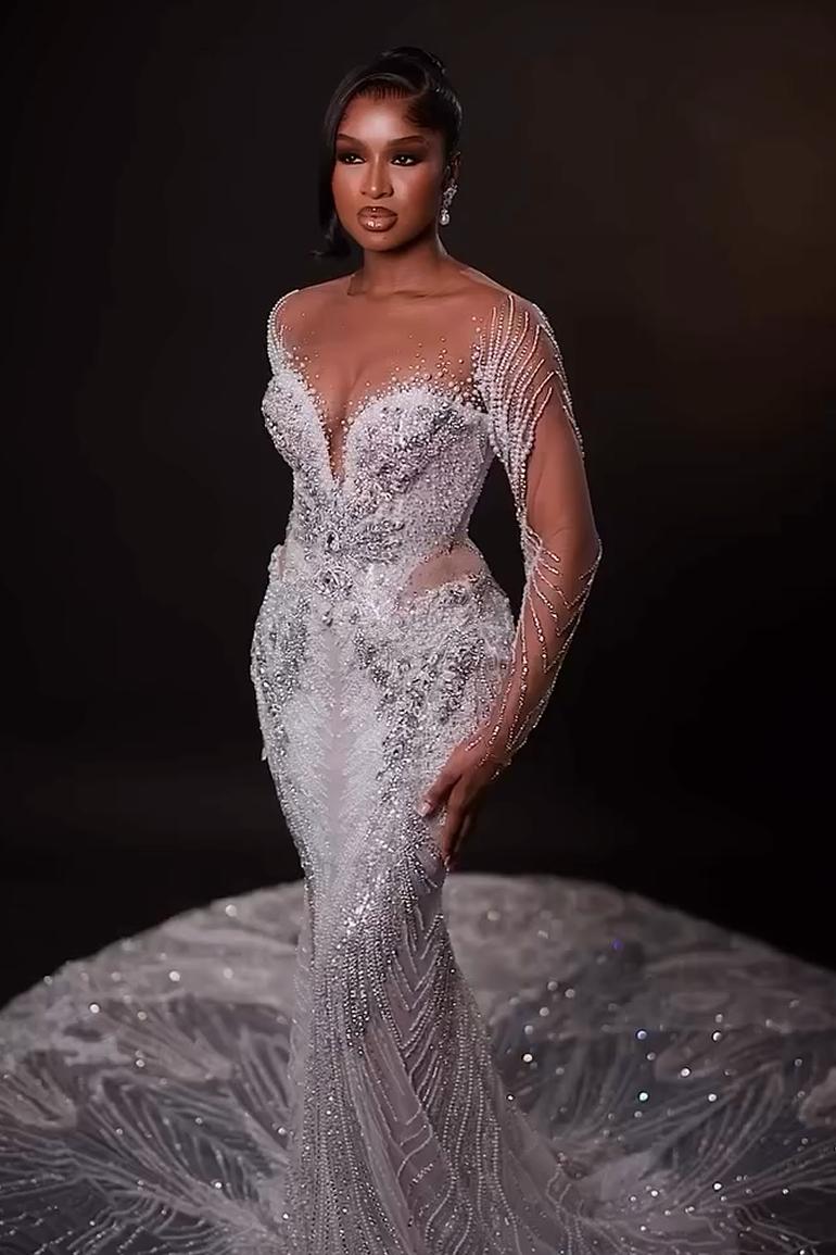 Long Sleeve Wedding Dress Beaded Rhinestones Bridal Gown with Detachable Train