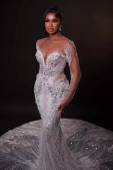 Long Sleeve Wedding Dress Beaded Rhinestones Bridal Gown with Detachable Train