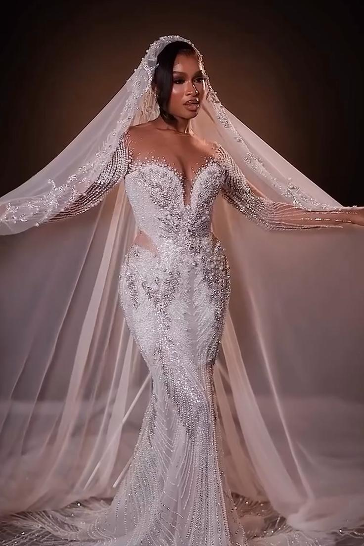 Long Sleeve Wedding Dress Beaded Rhinestones Bridal Gown with Detachable Train