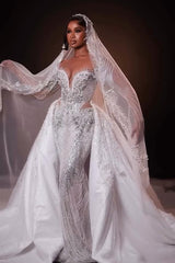 Long Sleeve Wedding Dress Beaded Rhinestones Bridal Gown with Detachable Train