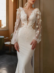 Long Sleeves Court Train Elastic Satin Wedding Dress Mermaid Illusion Neck
