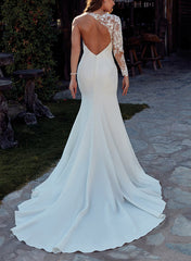 Long Sleeves Court Train Elastic Satin Wedding Dress With Appliques Lace