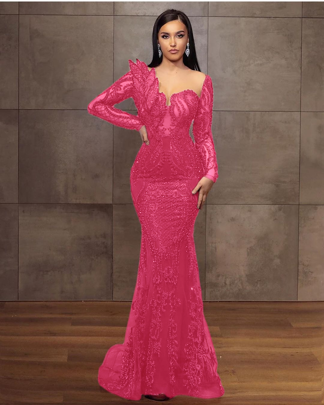 Long Sleeves Formal Dress Tulle Burgundy Lace Appliques Mermaid Evening Dress