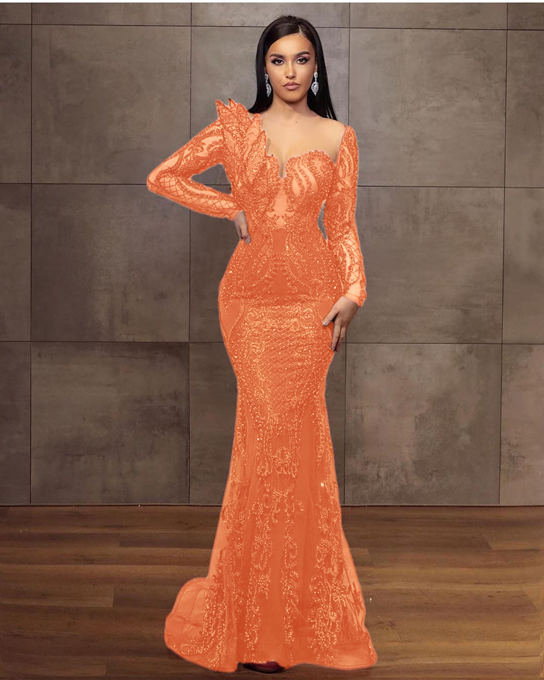 Long Sleeves Formal Dress Tulle Burgundy Lace Appliques Mermaid Evening Dress