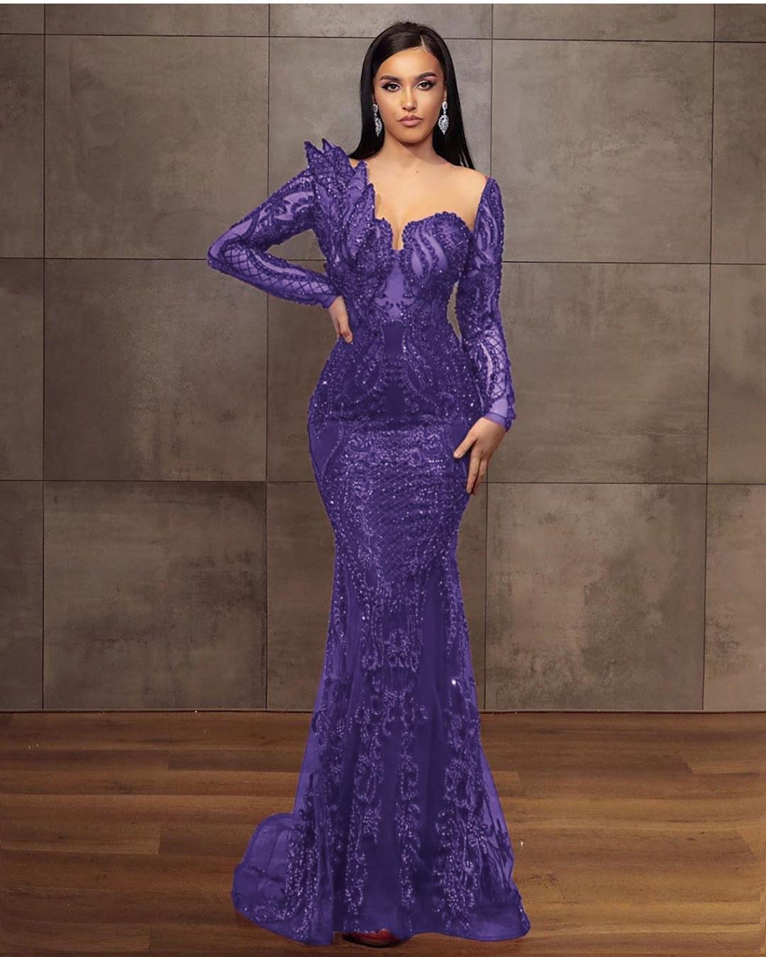 Long Sleeves Formal Dress Tulle Burgundy Lace Appliques Mermaid Evening Dress