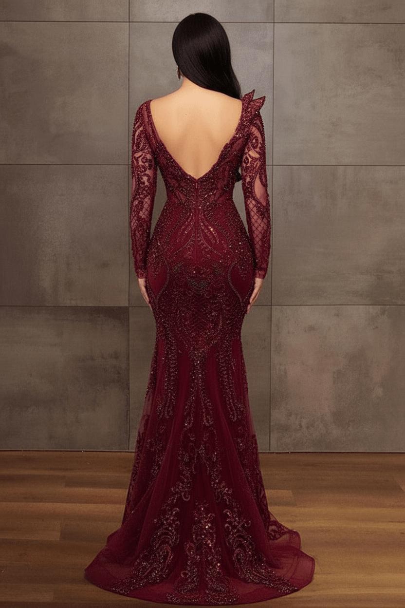 Long Sleeves Formal Dress Tulle Burgundy Lace Appliques Mermaid Evening Dress
