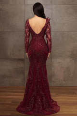 Long Sleeves Formal Dress Tulle Burgundy Lace Appliques Mermaid Evening Dress