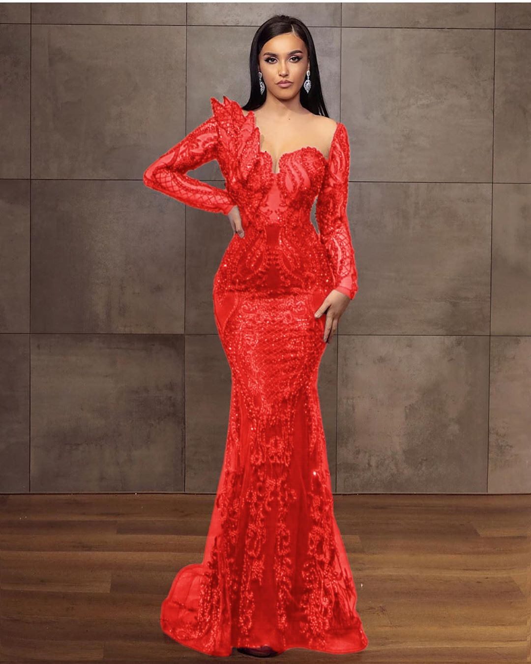Long Sleeves Formal Dress Tulle Burgundy Lace Appliques Mermaid Evening Dress