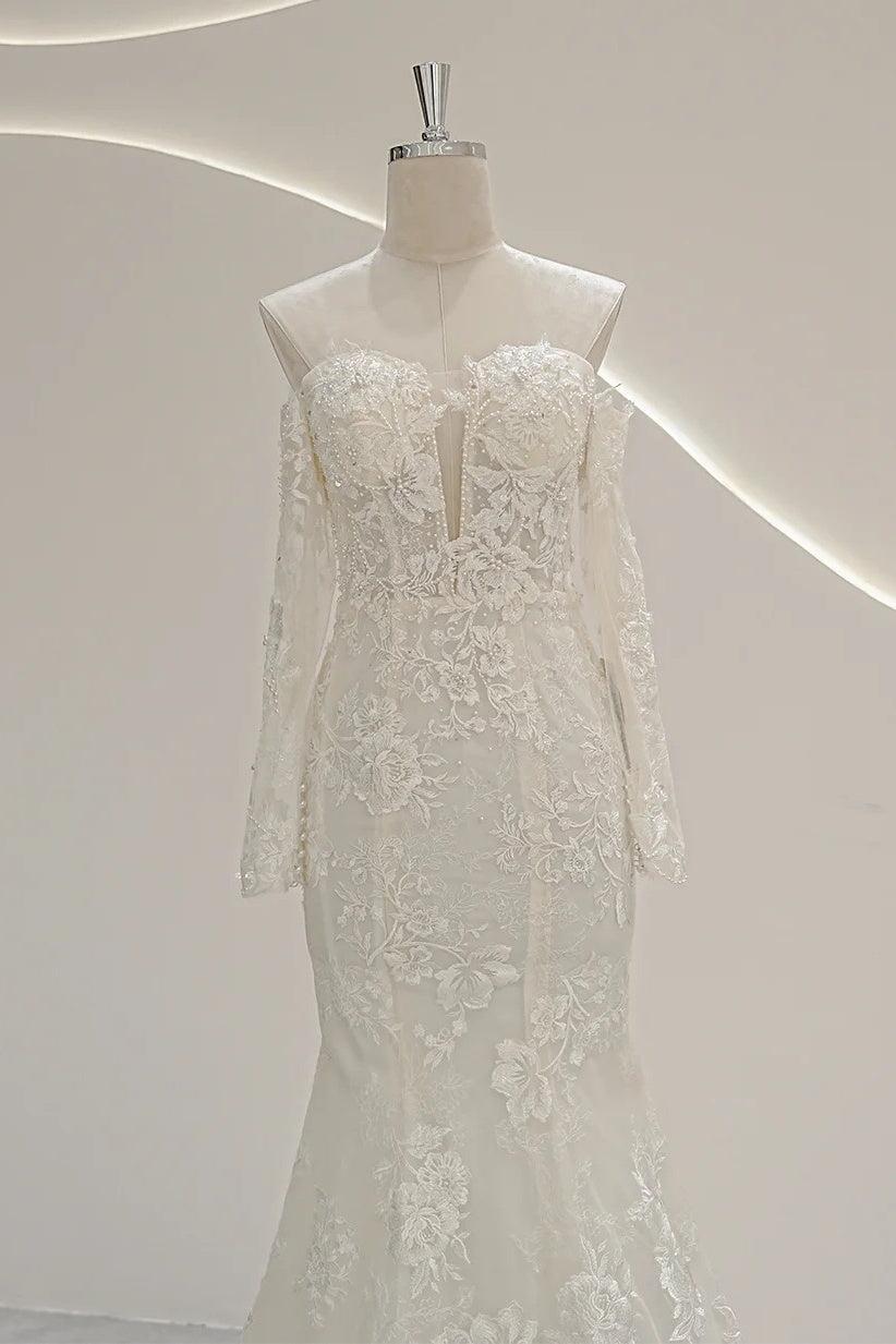 Long Sleeves Off the Shoulder Wedding Dress Tulle Mermaid Bridal Gown