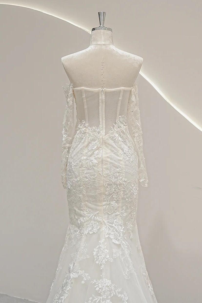 Long Sleeves Off the Shoulder Wedding Dress Tulle Mermaid Bridal Gown