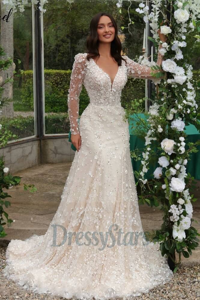 Long Sleeves Wedding Dress V Neck A Line Sequin Bridal Gown with Panel Train
