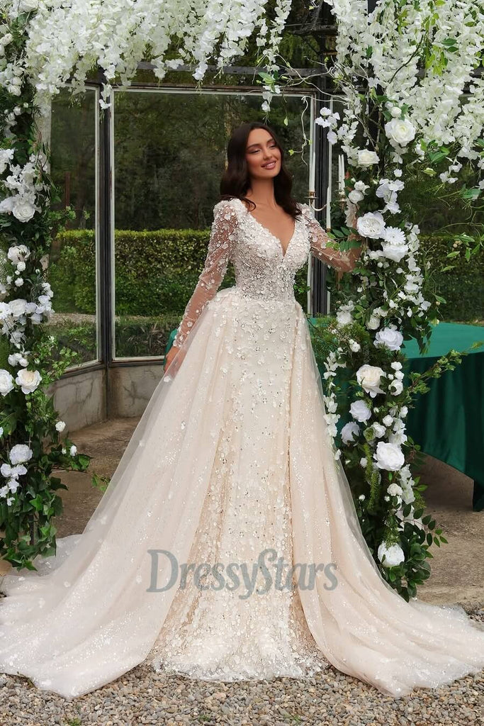 Long Sleeves Wedding Dress V Neck A Line Sequin Bridal Gown with Panel Train Long Sleeves Wedding Dress V Neck A Line Sequin Bridal Gown with Panel Train