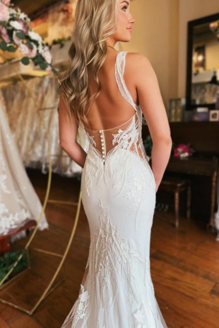 Long V Neck Wedding Dress Mermaid Sleeveless Bridal Gown With Lace