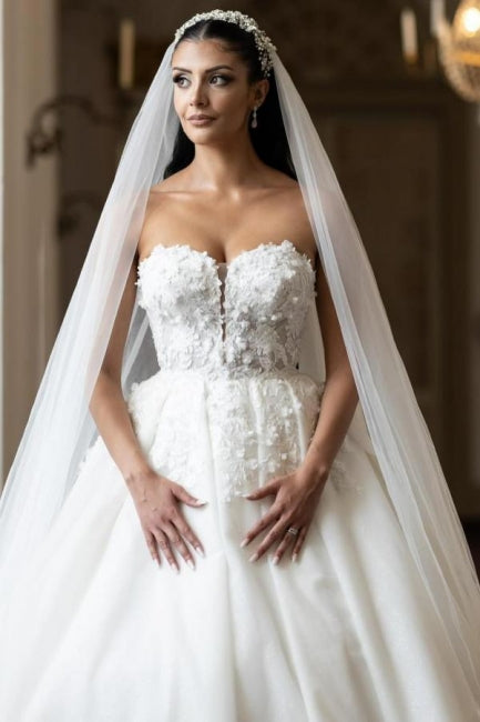 Long Wedding Dress A Line White Strapless Bridal Gown With Lace