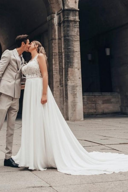 Long White Wedding Dress A Line Lace Chiffon Sleeveless Backless Bridal Gown