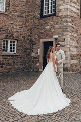 Long White Wedding Dress A Line Lace Chiffon Sleeveless Backless Bridal Gown