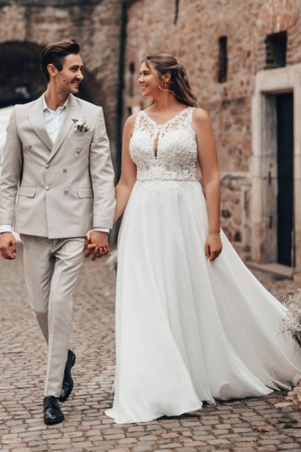 Long White Wedding Dress A Line Lace Chiffon Sleeveless Backless Bridal Gown