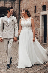 Long White Wedding Dress A Line Lace Chiffon Sleeveless Backless Bridal Gown